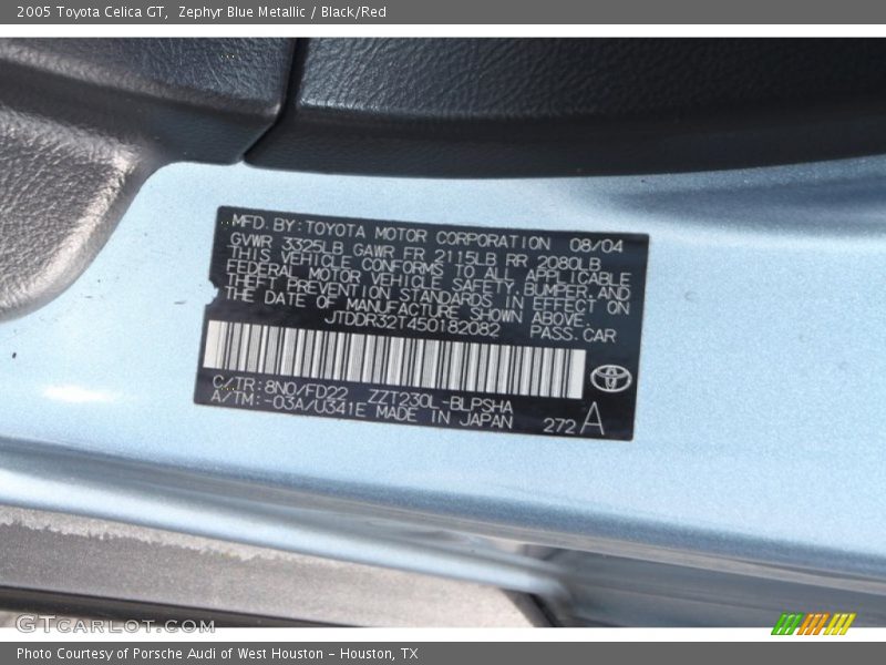 2005 Celica GT Zephyr Blue Metallic Color Code 8N0