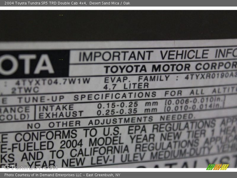 Info Tag of 2004 Tundra SR5 TRD Double Cab 4x4
