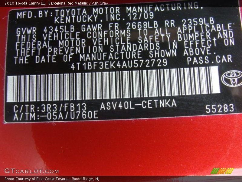 Barcelona Red Metallic / Ash Gray 2010 Toyota Camry LE