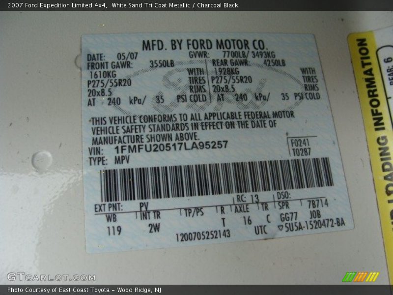 White Sand Tri Coat Metallic / Charcoal Black 2007 Ford Expedition Limited 4x4