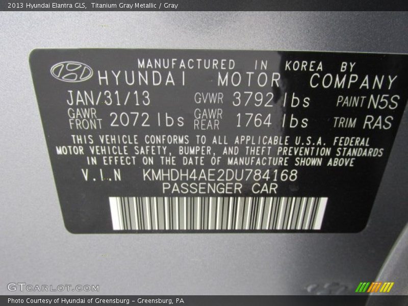 Titanium Gray Metallic / Gray 2013 Hyundai Elantra GLS