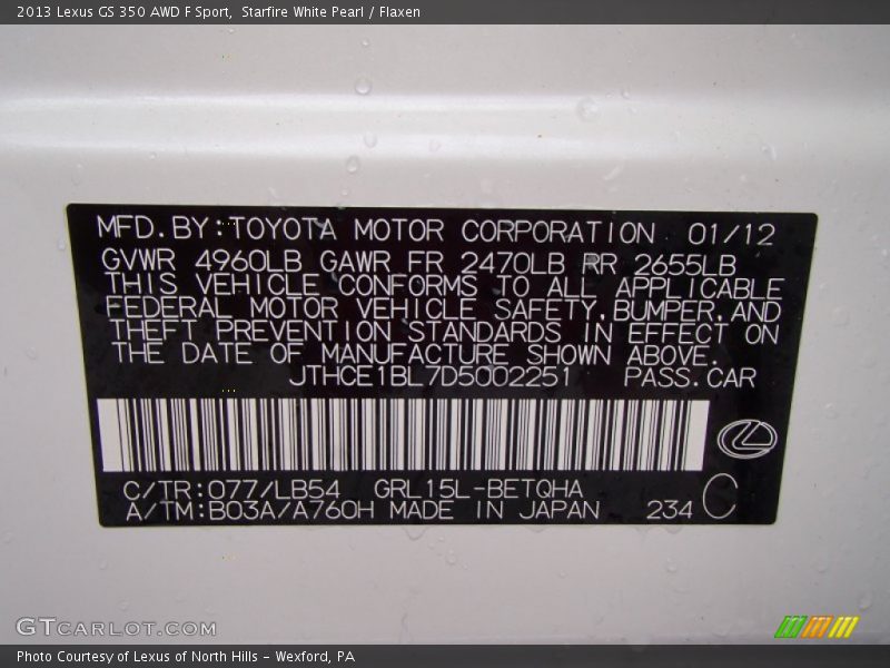 2013 GS 350 AWD F Sport Starfire White Pearl Color Code 077