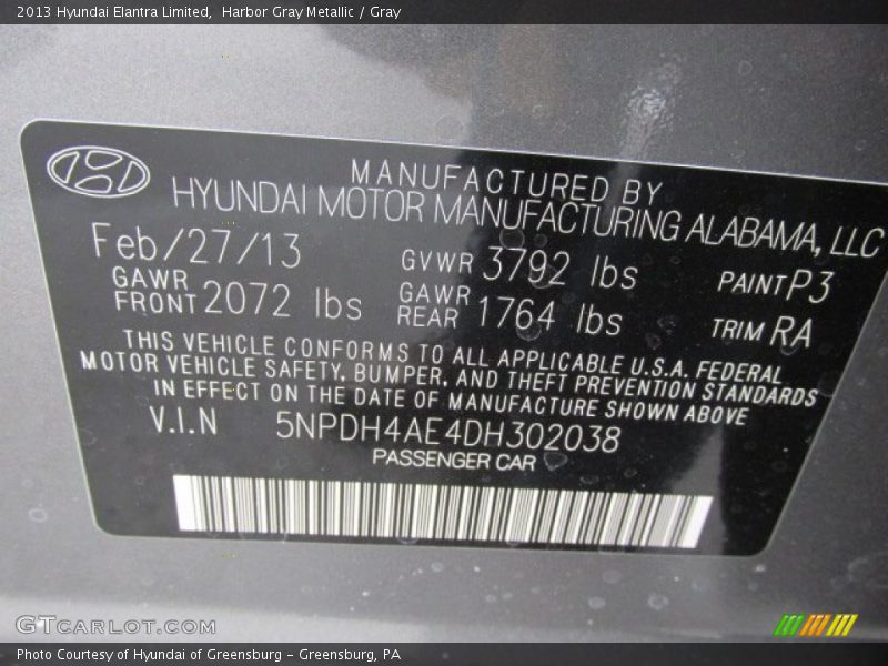 Harbor Gray Metallic / Gray 2013 Hyundai Elantra Limited