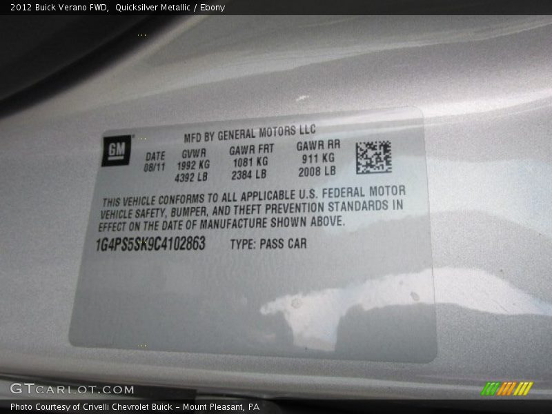 Quicksilver Metallic / Ebony 2012 Buick Verano FWD