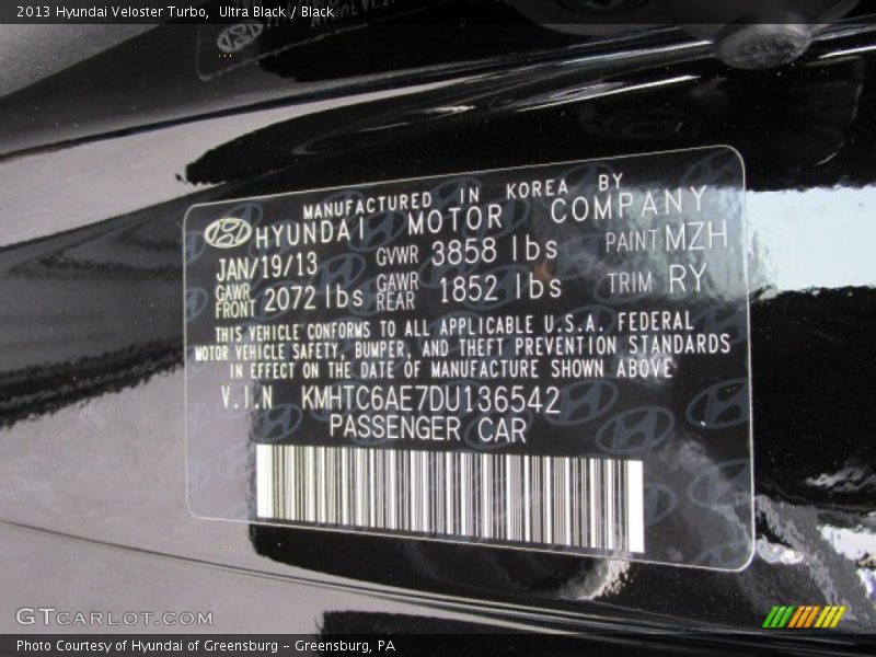 Ultra Black / Black 2013 Hyundai Veloster Turbo