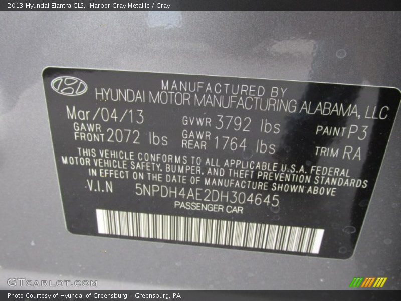 Harbor Gray Metallic / Gray 2013 Hyundai Elantra GLS