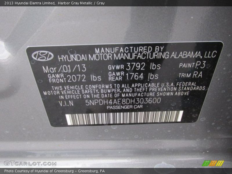 2013 Elantra Limited Harbor Gray Metallic Color Code P3