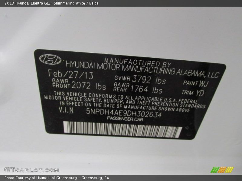 Shimmering White / Beige 2013 Hyundai Elantra GLS