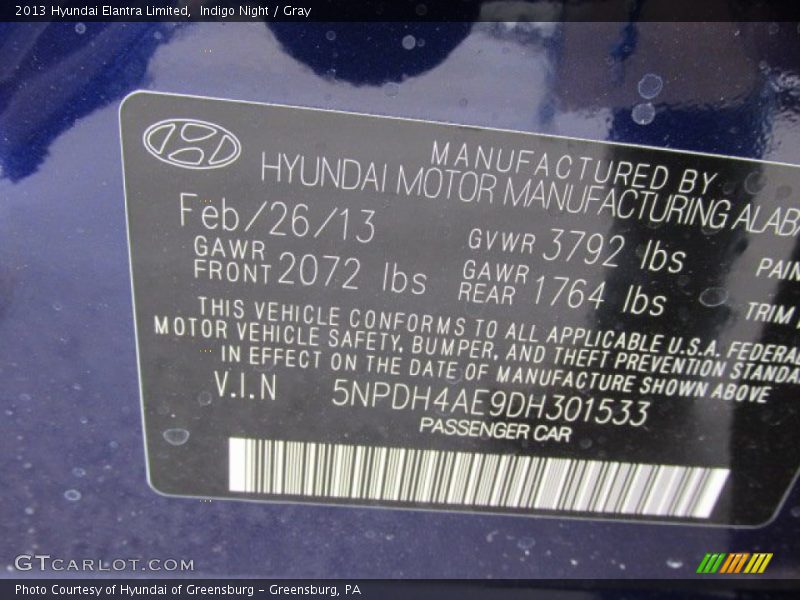 Indigo Night / Gray 2013 Hyundai Elantra Limited