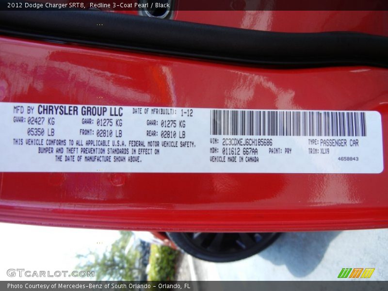 2012 Charger SRT8 Redline 3-Coat Pearl Color Code PRY