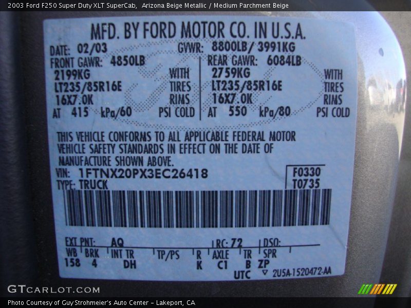 2003 F250 Super Duty XLT SuperCab Arizona Beige Metallic Color Code AQ