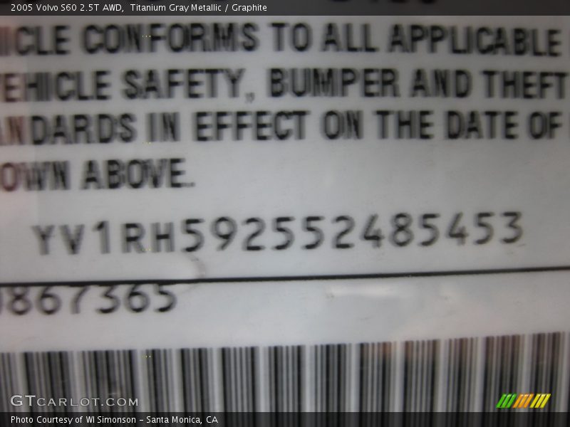 Titanium Gray Metallic / Graphite 2005 Volvo S60 2.5T AWD