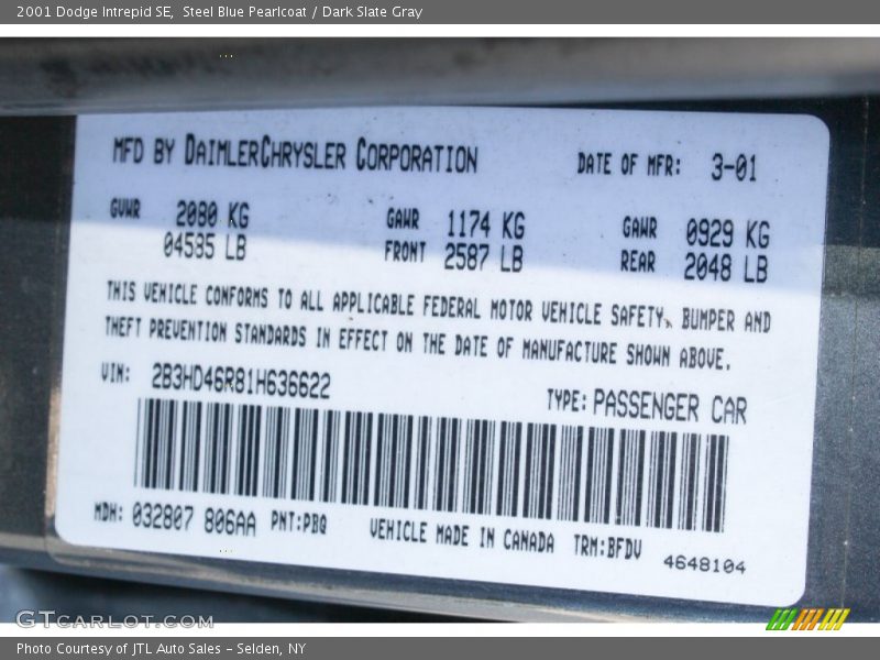 2001 Intrepid SE Steel Blue Pearlcoat Color Code PBQ
