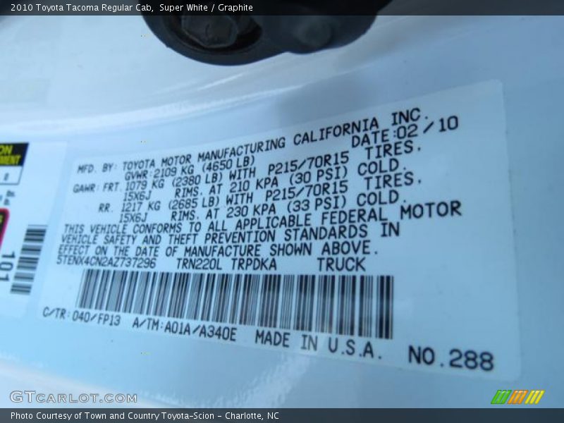Super White / Graphite 2010 Toyota Tacoma Regular Cab