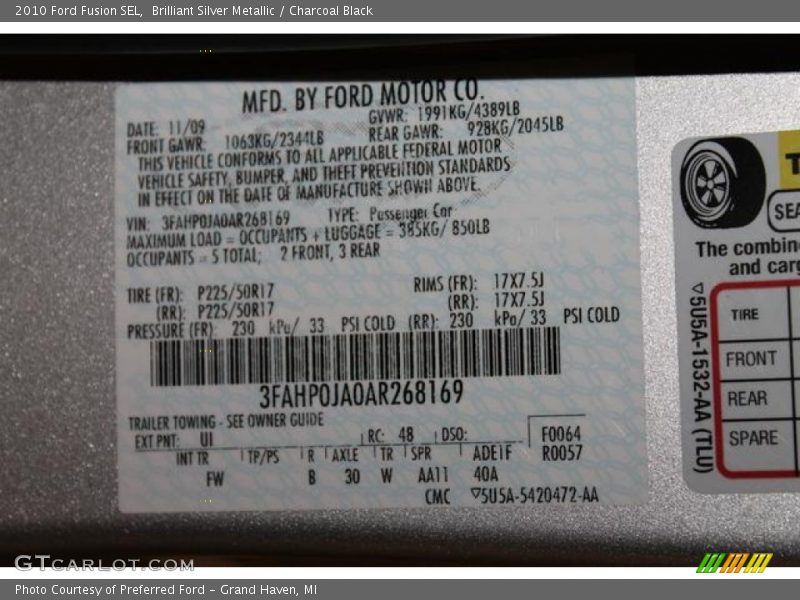 Brilliant Silver Metallic / Charcoal Black 2010 Ford Fusion SEL
