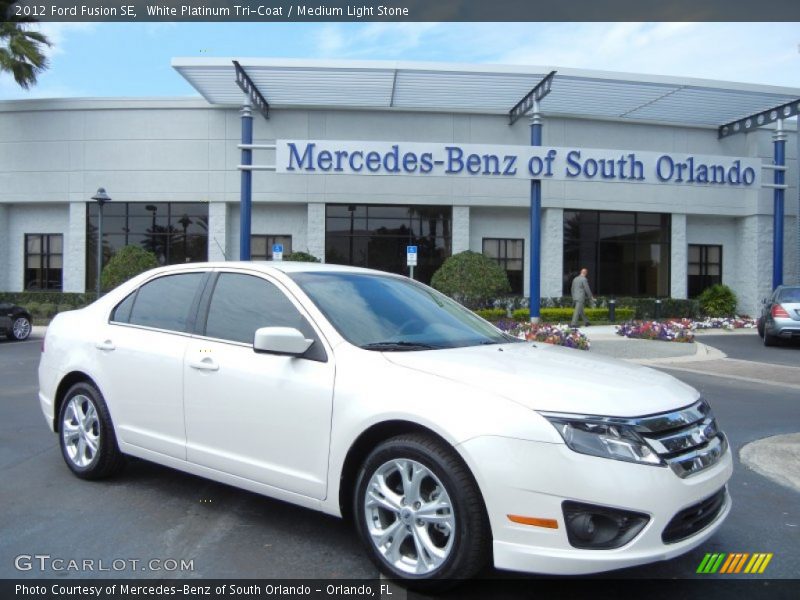 White Platinum Tri-Coat / Medium Light Stone 2012 Ford Fusion SE