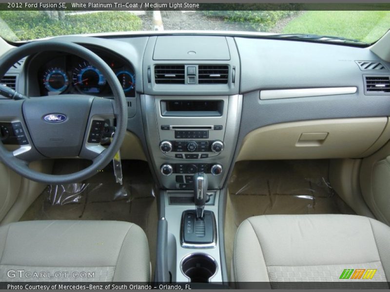 White Platinum Tri-Coat / Medium Light Stone 2012 Ford Fusion SE