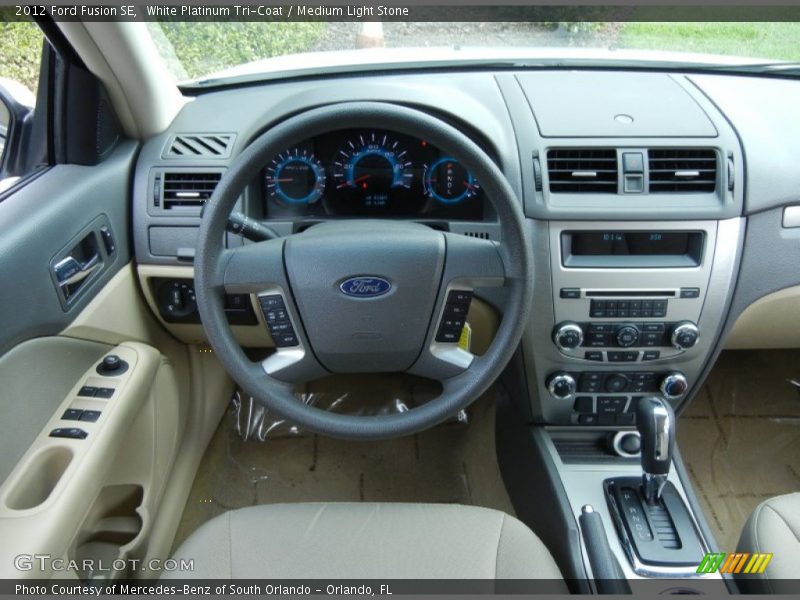White Platinum Tri-Coat / Medium Light Stone 2012 Ford Fusion SE