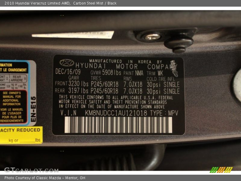 Carbon Steel Mist / Black 2010 Hyundai Veracruz Limited AWD