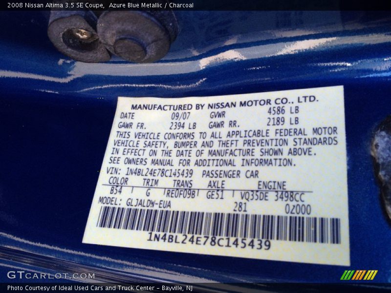 2008 Altima 3.5 SE Coupe Azure Blue Metallic Color Code B54