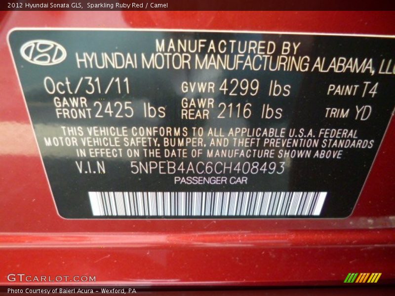 Sparkling Ruby Red / Camel 2012 Hyundai Sonata GLS