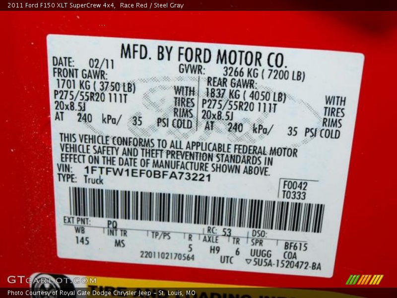 2011 F150 XLT SuperCrew 4x4 Race Red Color Code PQ