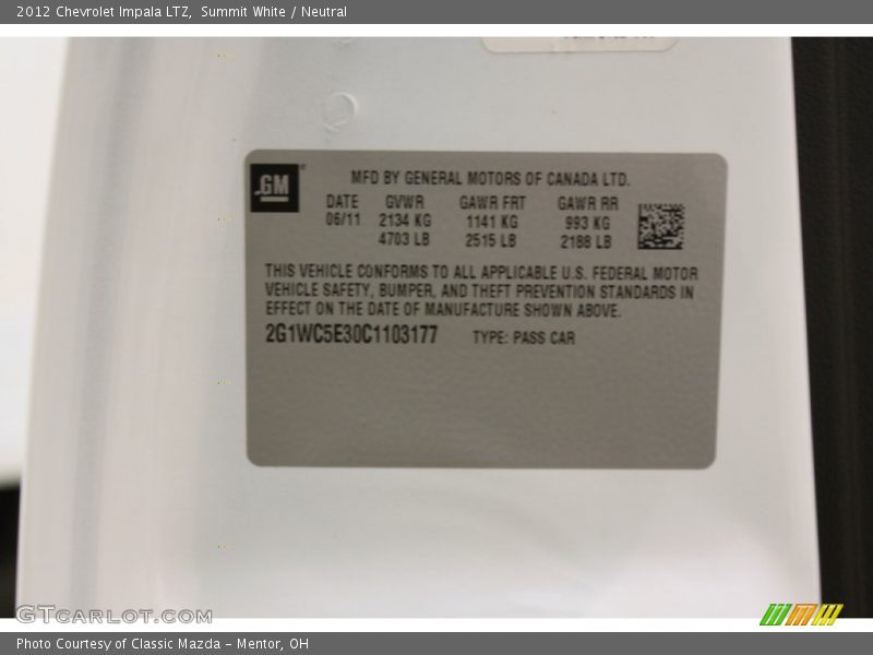 Summit White / Neutral 2012 Chevrolet Impala LTZ