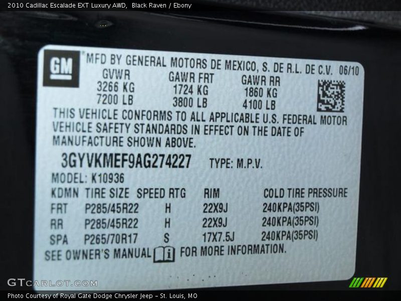 Black Raven / Ebony 2010 Cadillac Escalade EXT Luxury AWD
