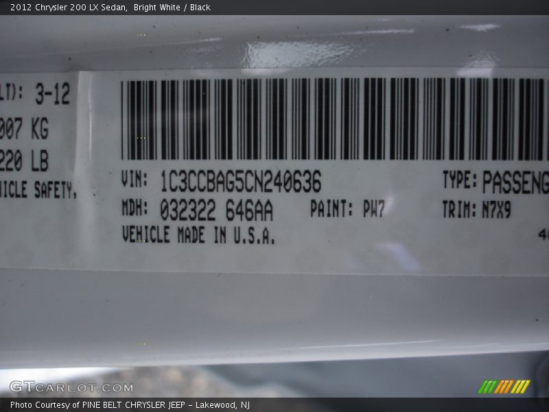 2012 200 LX Sedan Bright White Color Code PW7
