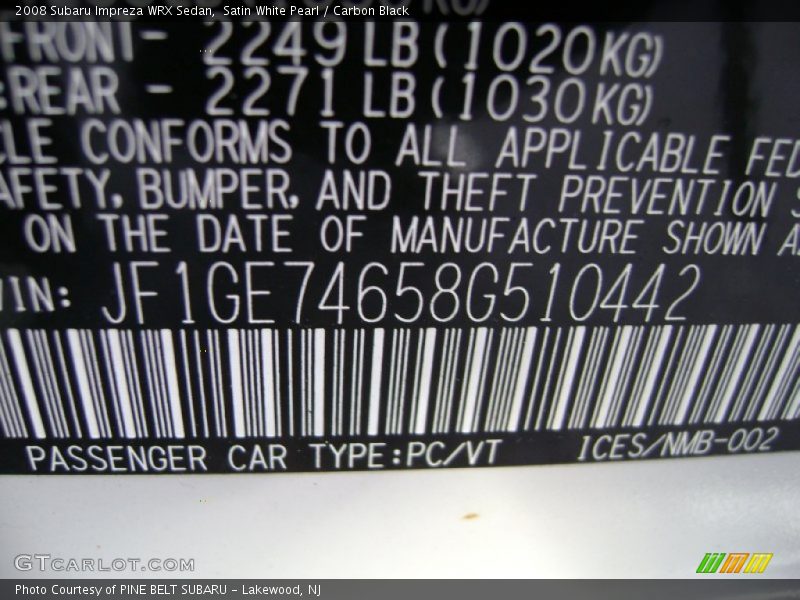 Satin White Pearl / Carbon Black 2008 Subaru Impreza WRX Sedan