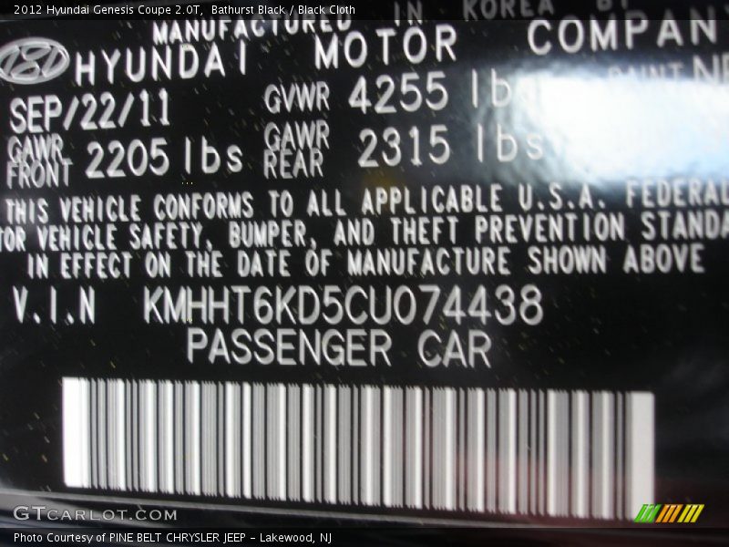Bathurst Black / Black Cloth 2012 Hyundai Genesis Coupe 2.0T