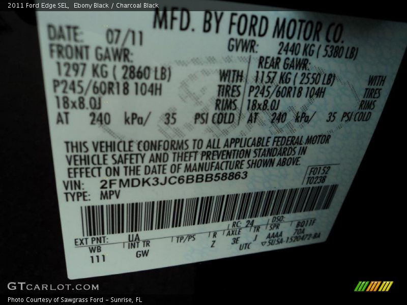 Ebony Black / Charcoal Black 2011 Ford Edge SEL