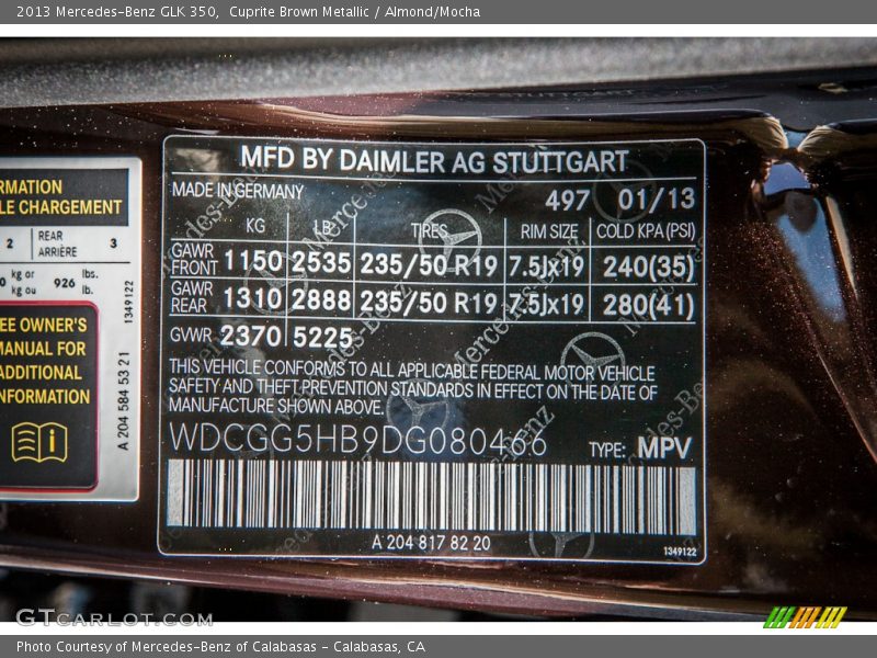 2013 GLK 350 Cuprite Brown Metallic Color Code 497