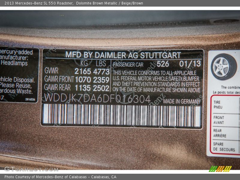 2013 SL 550 Roadster Dolomite Brown Metallic Color Code 526