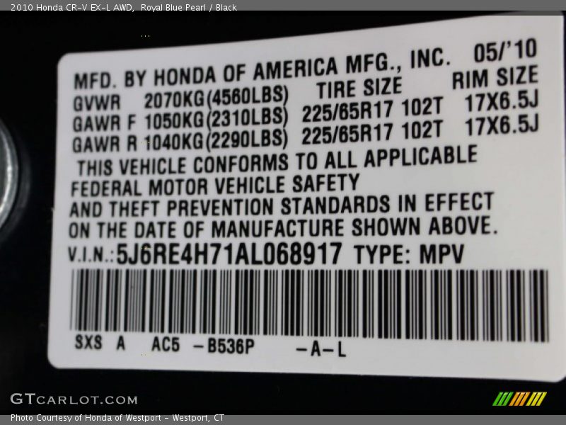 Royal Blue Pearl / Black 2010 Honda CR-V EX-L AWD
