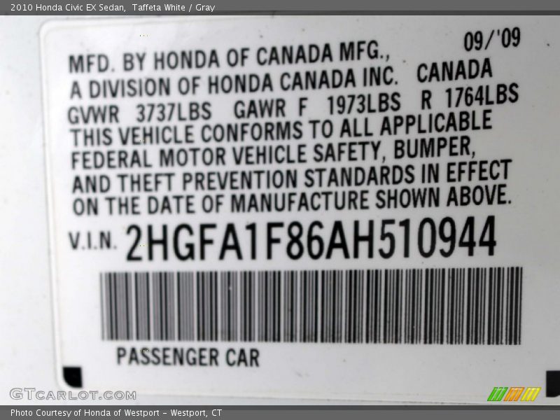 Taffeta White / Gray 2010 Honda Civic EX Sedan