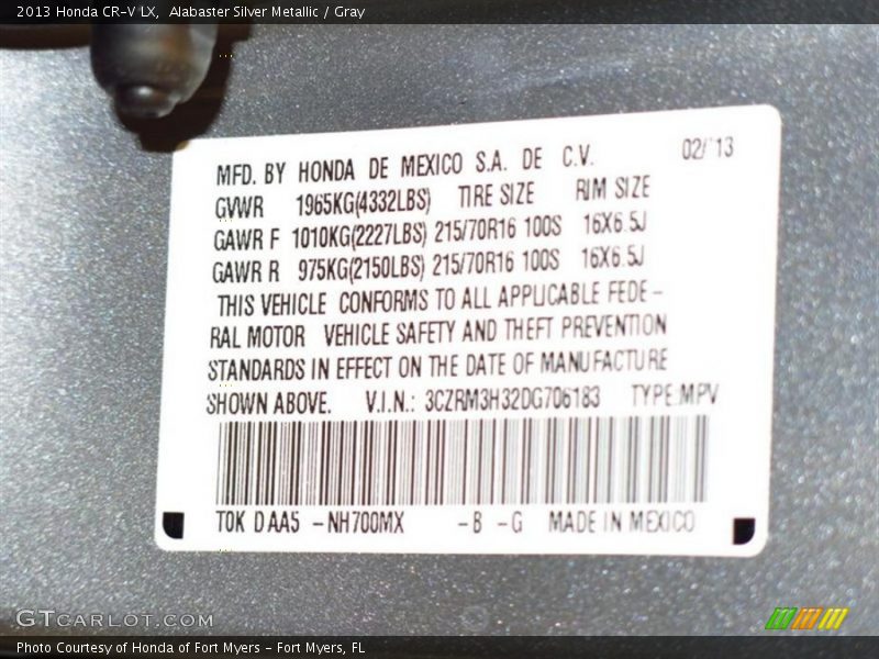 Alabaster Silver Metallic / Gray 2013 Honda CR-V LX