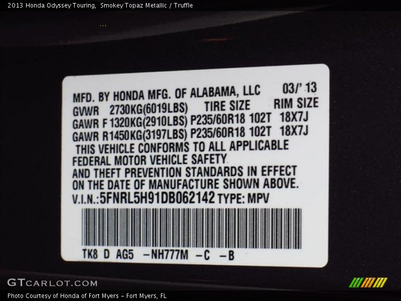 Smokey Topaz Metallic / Truffle 2013 Honda Odyssey Touring