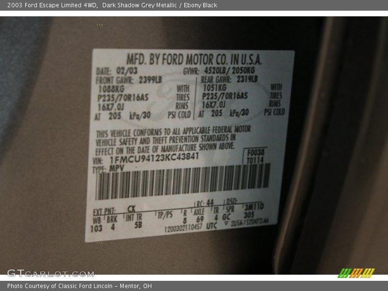 Dark Shadow Grey Metallic / Ebony Black 2003 Ford Escape Limited 4WD