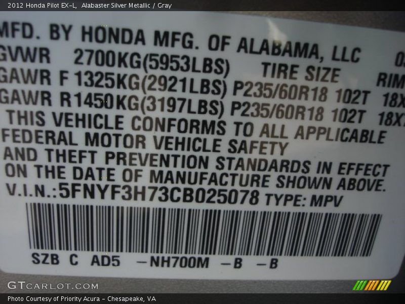 Alabaster Silver Metallic / Gray 2012 Honda Pilot EX-L
