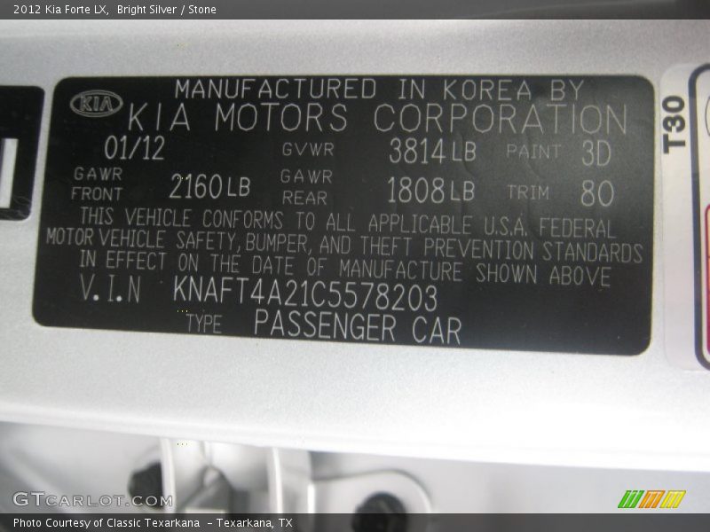Bright Silver / Stone 2012 Kia Forte LX