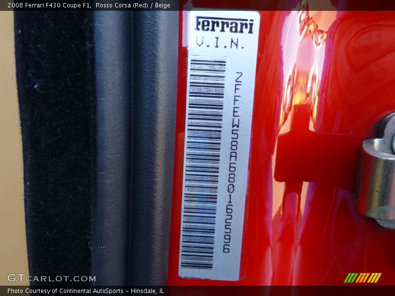 Info Tag of 2008 F430 Coupe F1
