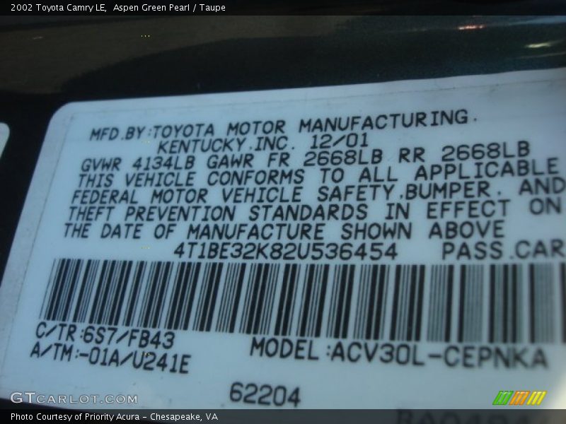 2002 Camry LE Aspen Green Pearl Color Code 6S7