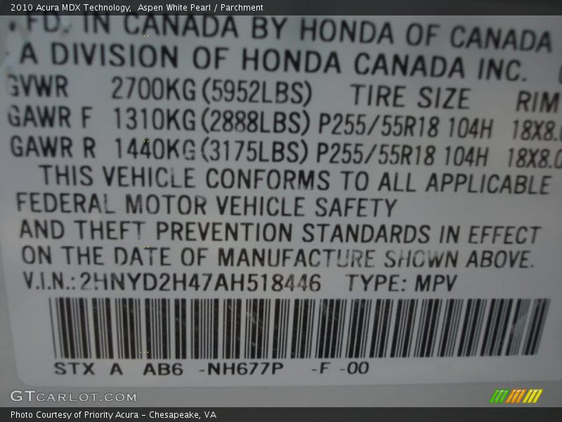 Aspen White Pearl / Parchment 2010 Acura MDX Technology