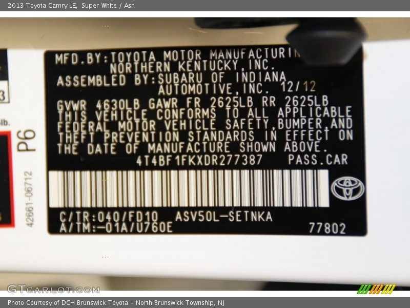 Super White / Ash 2013 Toyota Camry LE