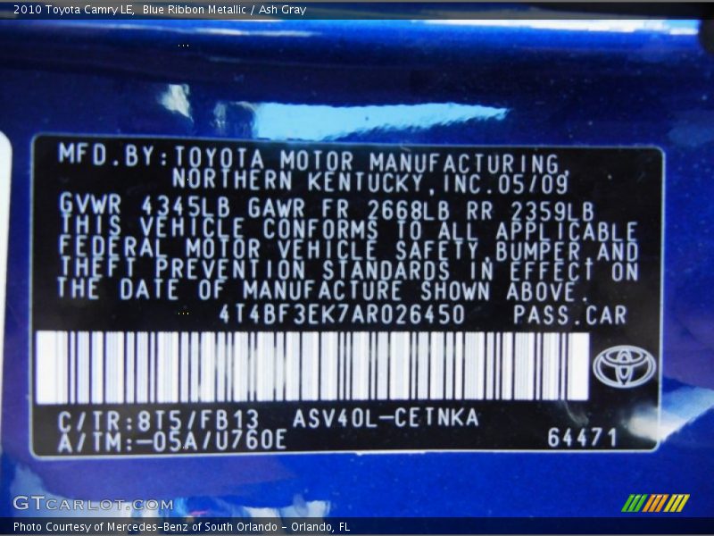 Blue Ribbon Metallic / Ash Gray 2010 Toyota Camry LE