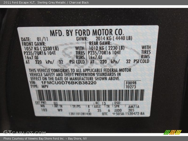 Sterling Grey Metallic / Charcoal Black 2011 Ford Escape XLT