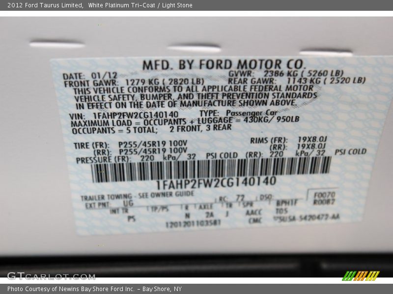 White Platinum Tri-Coat / Light Stone 2012 Ford Taurus Limited