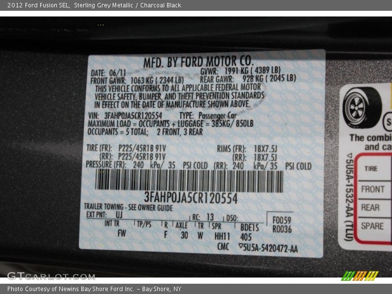 Sterling Grey Metallic / Charcoal Black 2012 Ford Fusion SEL