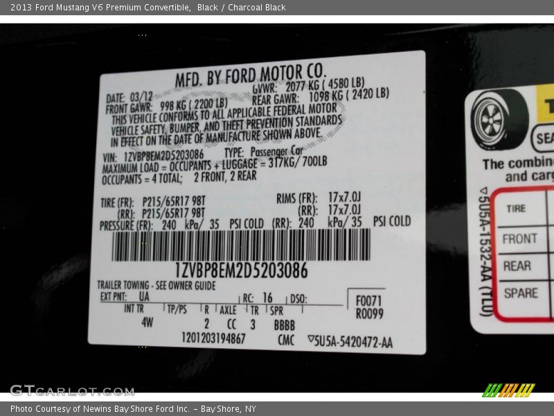 2013 Mustang V6 Premium Convertible Black Color Code UA